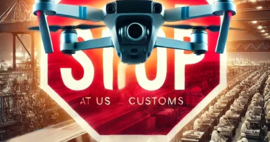 DALL·E 2024 10 18 16.18.18 A striking image for a featured post about drones blocked at US customs due to labor exploitation concerns. The image shows a modern DJI drone such a - Quadcopter News